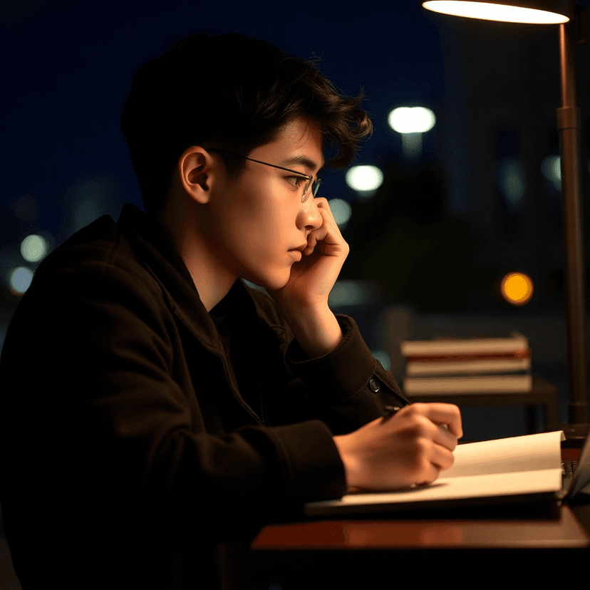 student studying late at night looking focused